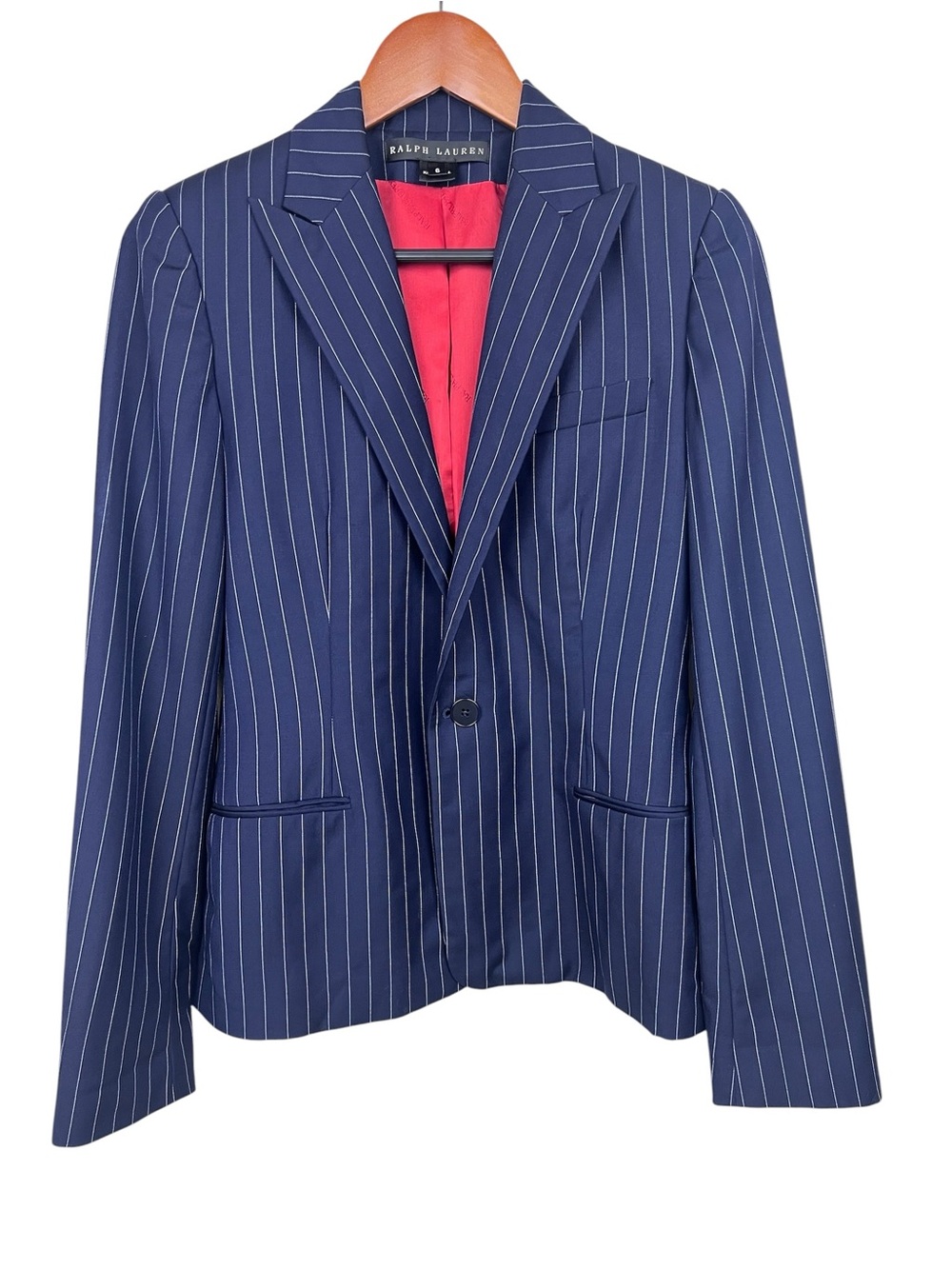 Ralph Lauren Black Label 100% Wool Navy Pinstripe Blazer Jacket Women’s Size 6